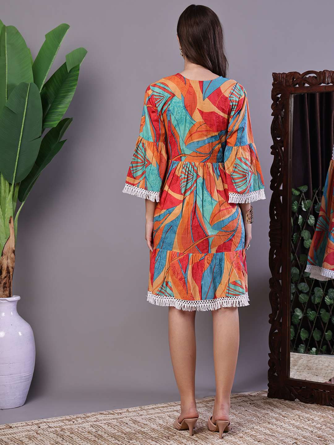 Wome's Vibrant Print Cotton Tunic Dress with Crochet Lace & Three-Quarter Sleeves Midi Dresses - Image 2