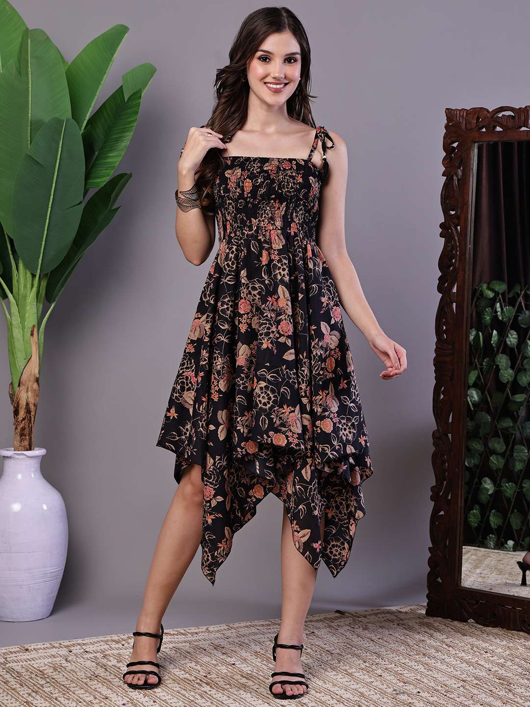 Women's Black Floral Printed Cotton Handkerchief Hem Dress Midi Dresses